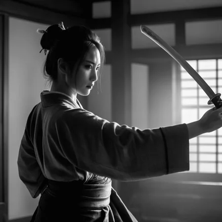cinematic film still of  <lora:female samurai style v2:1>
medium shot, black and white photo, an epic cinematic photo of a woman in a black grey kimono drawing a Katana sword out of a scabbard saya, while staring with a dreadful look to the camera, in a dark room, with dramatic light on, female samurai style, shallow depth of field, vignette, highly detailed, high budget, bokeh, cinemascope, moody, epic, gorgeous, film grain, grainy