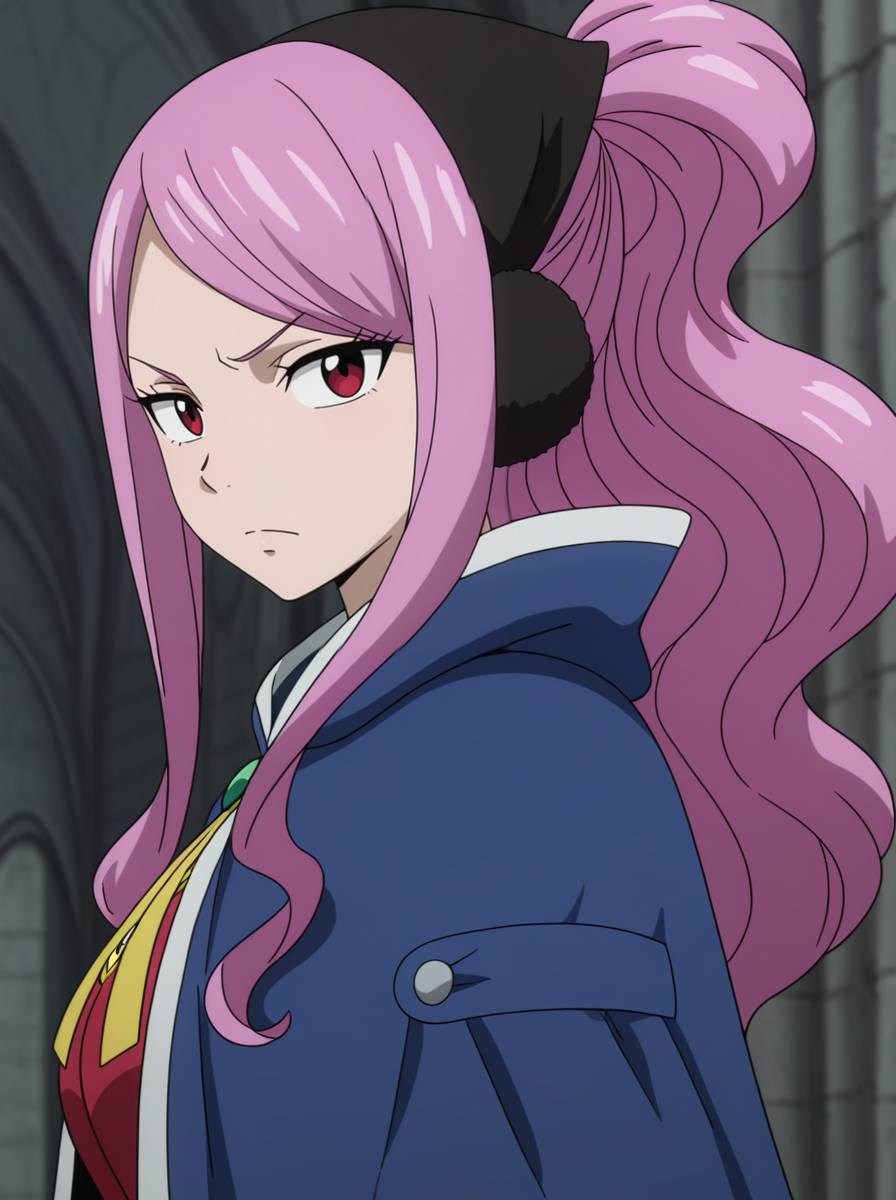 masterpiece, best quality, amazing quality, very aesthetic, absurdres, newest,shiny skin,  anime screenshot,  anime coloring   <lora:MeredyFT:1>1girl, pink hair, solo, meredyoutfit2  , looking at viewer, cape serious, upper body, from side