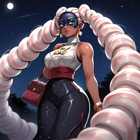 score_9,score_8_up,score_7_up,score_6_up,source_anime,rating_questionable, 1girl, solo, <lora:Twintelle_-_ARMS:0.7>twintelle_arms, dark skin,long hair, long dress, sparkly dress, arched back, purse, night, zPDXL2,