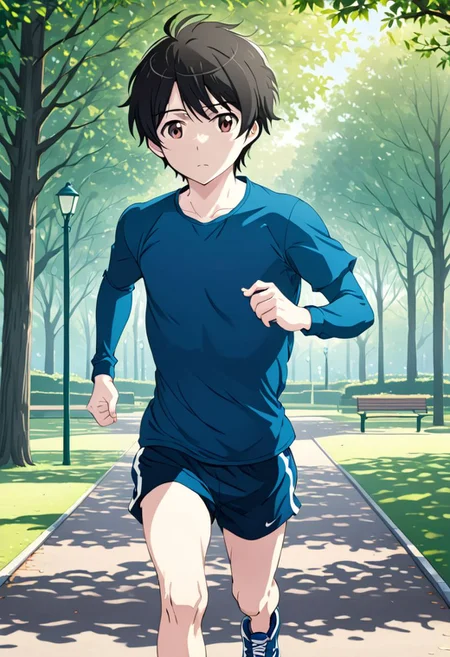 high resolution, solo, best quality, 1Boy, Inaho Kaizuka, Black hair, Brown Eyes, Morning run, sneakers, park, fresh air, OverallDetail