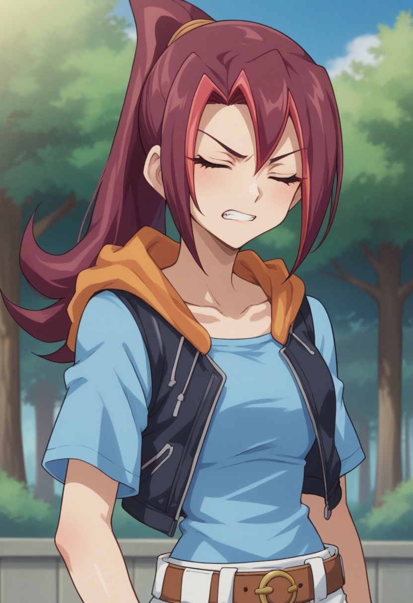 score_9, score_8_up, score_7_up, source_anime, highly detailed,
KariTsukumo, 1girl, solo, closed eyes, multicolored hair, two-tone hair, long hair,
red hair, shirt, ponytail, looking at viewer, blue shirt, belt, hood,
short sleeves, purple hair, bangs, upper body, collarbone, hoodie, vest,
teeth, clenched teeth, anger vein,
outdoor, sky, tree