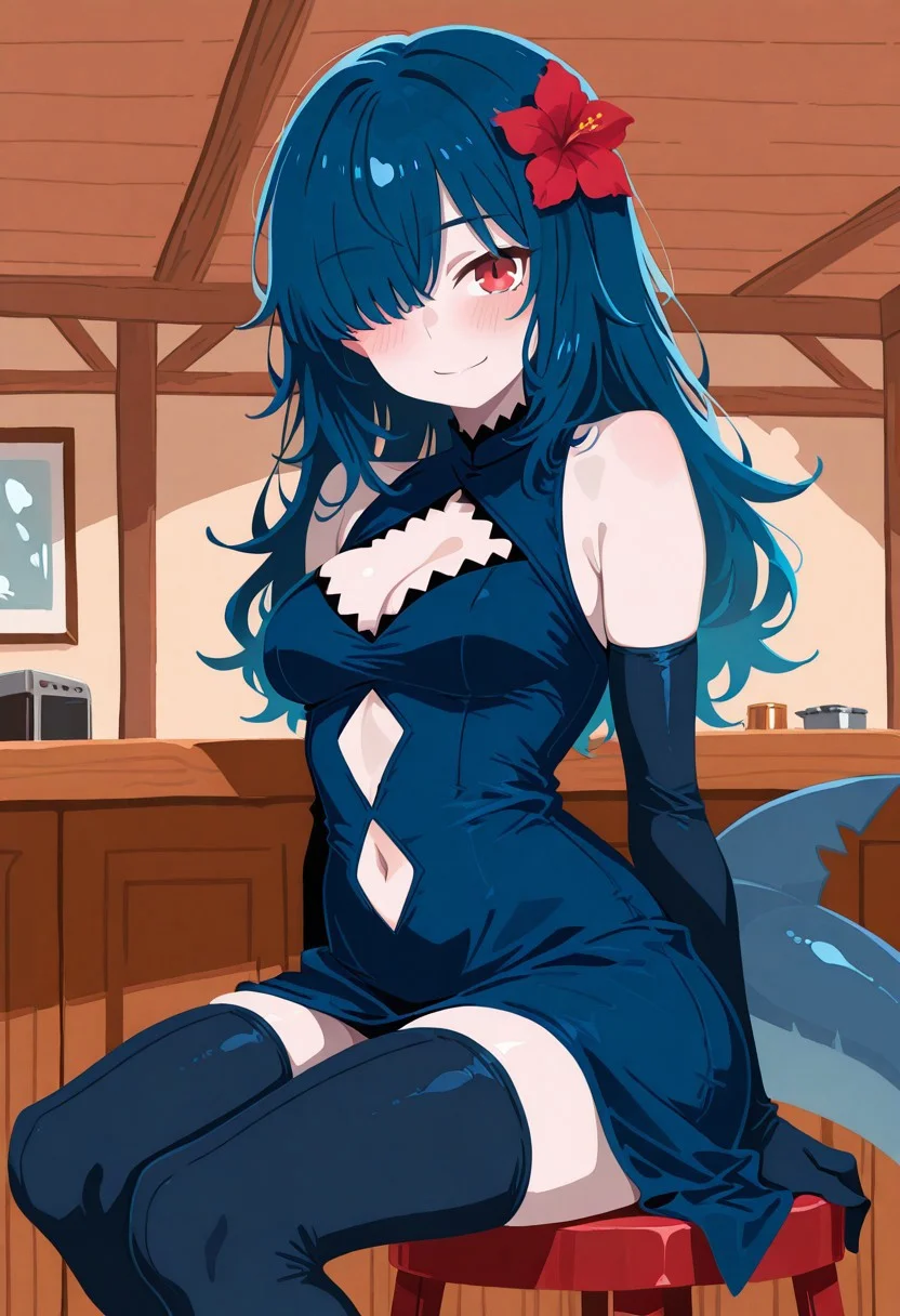 no lineart, flat color, painted art style, (1girl, solo), female, deep blue hair, long hair, bangs over one eye, smooth hair, red eyes, pale skin, petite body, curvy, medium breasts, (monster girl, shark girl, shark tail, tail), (blue dress, cleavage, clothing cutout, navel, bare shoulders, hair flower, elbow gloves, thighhighs), blushing, small smile, looking at viewer, sitting down, stool, indoors, bar