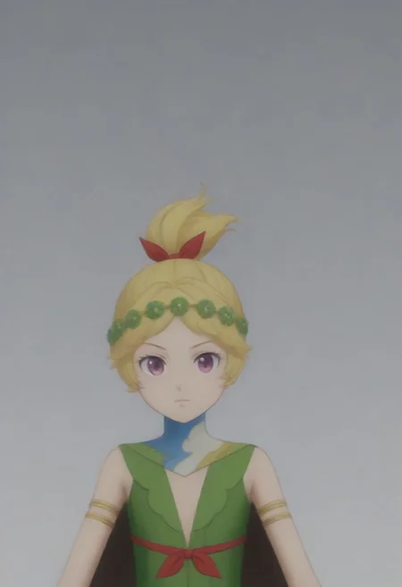 source_anime, anime screencap, source_anime, auratheguillotine, anime screencap, masterpiece, source_anime, shiny skin,,,,,, <lora:zs_DemeterXL:1> demetersmt, blonde hair, ponytail, head wreath, purple eyes, green dress, cleavage, cape, armlet, bracelet,