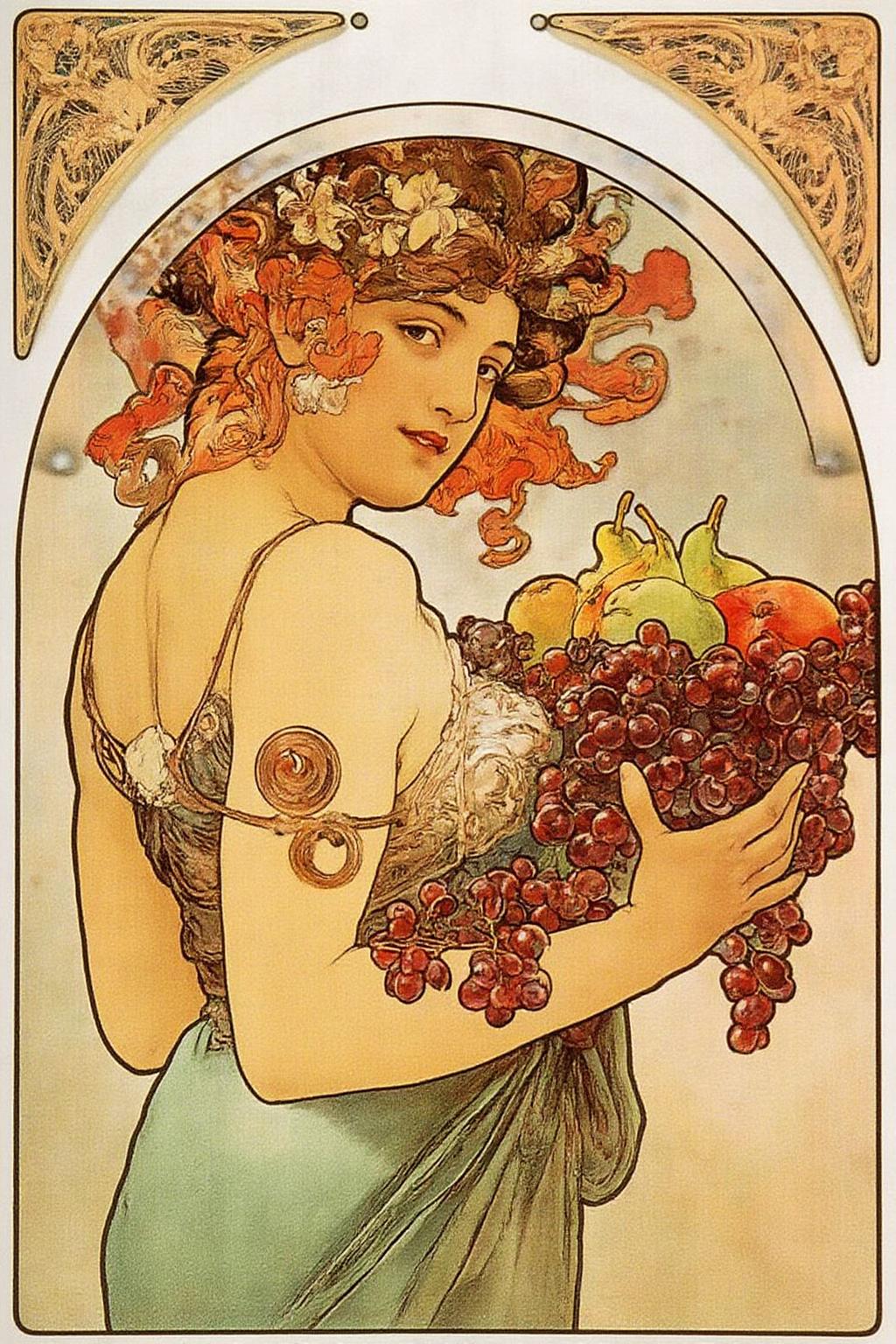 mucha1 illustration. 
A woman, turning her head, looking back. She is depicted with a stylized, ethereal appearance, reminiscent of a nymph or mythological figure. She is depicted holding some fruits, grapes, pears, and apples. <lora:mucha1_cap_d6a3e11:1.0><lora:822874639949849370:0>