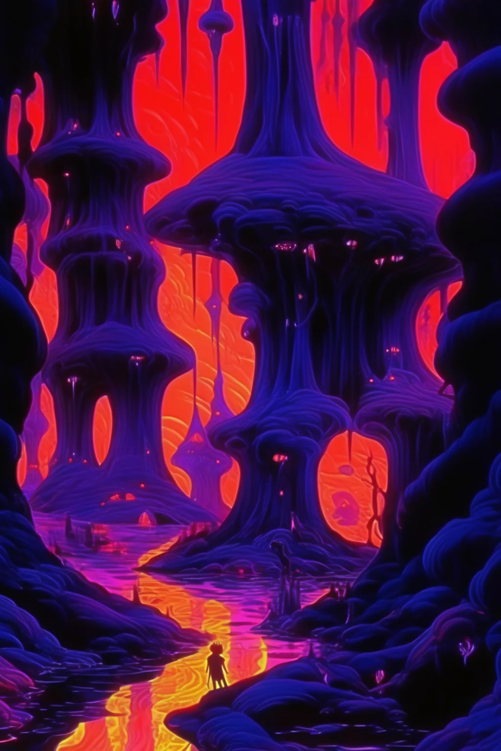 <lora:Ralph Bakshi Style:1>Ralph Bakshi Style - by ralph bakshi, black light, hypersaturated color fields, trippy texture, creepy art, surreal, dark fantasy, the black cauldron animated movie styles 750