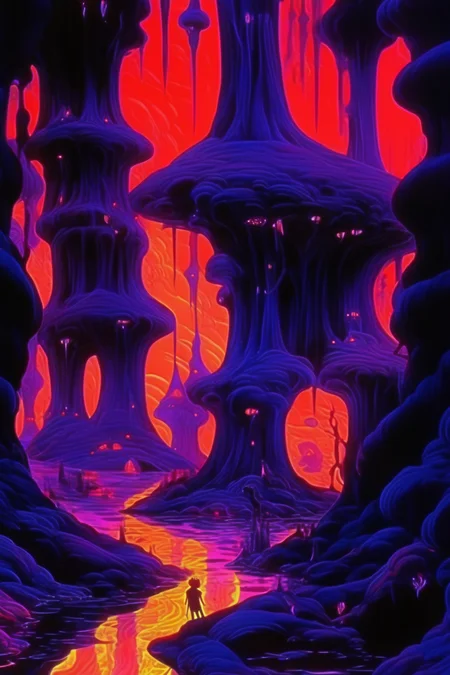 <lora:Ralph Bakshi Style:1>Ralph Bakshi Style - by ralph bakshi, black light, hypersaturated color fields, trippy texture, creepy art, surreal, dark fantasy, the black cauldron animated movie styles 750