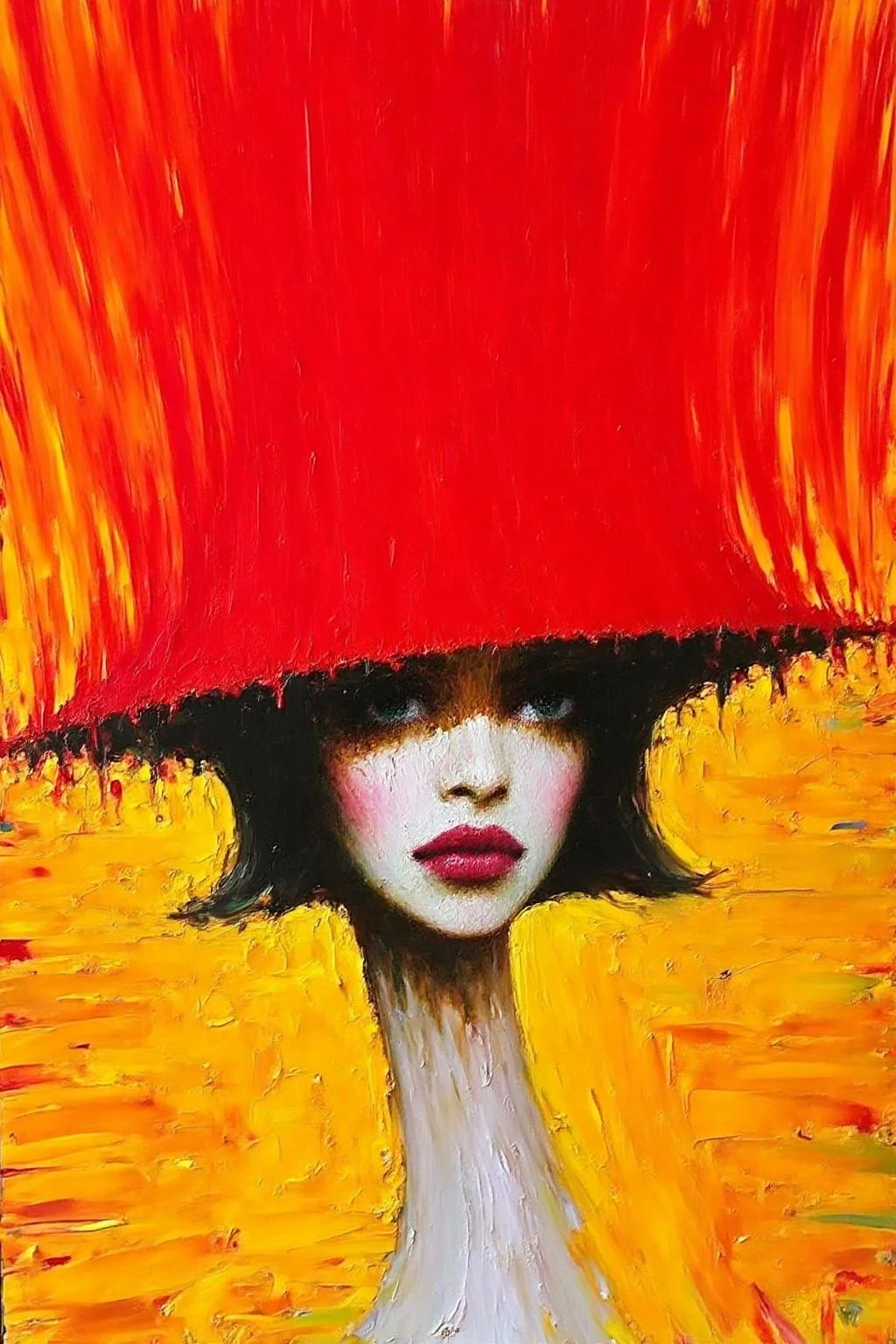 talo1 painting.
This is a vibrant, abstract expressionist painting featuring a stylized portrait. The artwork is dominated by a vivid, bold red color at the top, which forms a striking, abstract background. The red color stretches across the entire top half of the canvas, creating a dramatic, almost surreal effect. 
The subject, a woman, is depicted in the lower half of the painting.
 <lora:talo1_cap_d6a3e15:1.0><lora:828747449381258059:0>