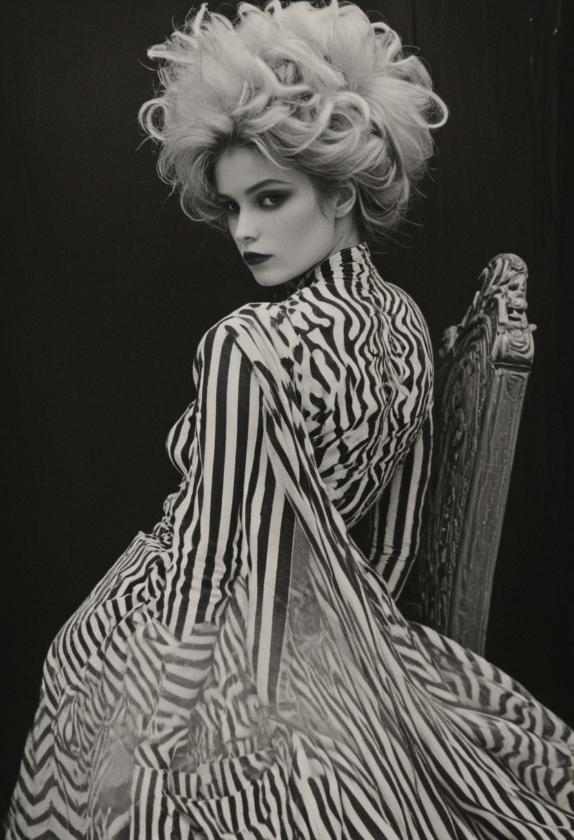 bw-grignani, emphasis lines, horizontal perfect bold lines, perfect align lines, Capture the enigma: A woman sits regally on a lavish throne, her arms casually draped over its ornate arms. Adorned in a white plaster skull mask and a black-and-white striped nylon leotard, paired with over-the-knee striped stockings, she exudes a captivating contrast. Her ensemble is completed with towering white modern heels and a trailing black tulle train. Amidst the opulent surroundings of a Neo Rococo-inspired room, she embodies a fusion of mystery and elegance.. with endless lines guiding the eye.
., atmospheric haze, Film grain, cinematic film still, shallow depth of field, highly detailed, high budget, cinemascope, moody, epic, OverallDetail, 2000s vintage RAW photo, photorealistic, candid camera, color graded cinematic, eye catchlights, atmospheric lighting, imperfections, natural, shallow dof