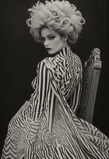 bw-grignani, emphasis lines, horizontal perfect bold lines, perfect align lines, Capture the enigma: A woman sits regally on a lavish throne, her arms casually draped over its ornate arms. Adorned in a white plaster skull mask and a black-and-white striped nylon leotard, paired with over-the-knee striped stockings, she exudes a captivating contrast. Her ensemble is completed with towering white modern heels and a trailing black tulle train. Amidst the opulent surroundings of a Neo Rococo-inspired room, she embodies a fusion of mystery and elegance.. with endless lines guiding the eye.
., atmospheric haze, Film grain, cinematic film still, shallow depth of field, highly detailed, high budget, cinemascope, moody, epic, OverallDetail, 2000s vintage RAW photo, photorealistic, candid camera, color graded cinematic, eye catchlights, atmospheric lighting, imperfections, natural, shallow dof