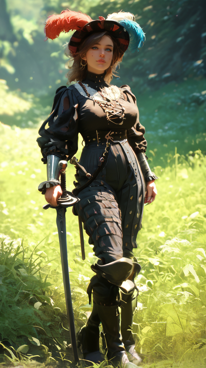 score_9, score_8_up, score_7_up, score_6_up, realistic, 1girl, slender, slim waist, huge breasts, perfect face, dynamic angle, multi-color, motley, pants, boots, hat, jewelry, plume, weapon, sword,  greaves, l4ndskn3cht,  outdoors, deep arroyo <lora:landsknecht-PNY-000009:1.0>
 <lora:Dramatic Lighting Slider:1>  <lora:Perfect Hands:1> Perfect Hands