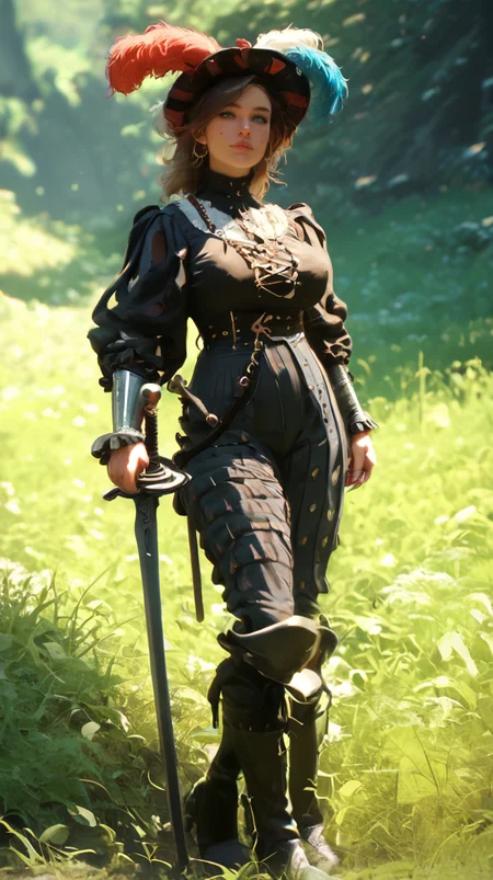 score_9, score_8_up, score_7_up, score_6_up, realistic, 1girl, slender, slim waist, huge breasts, perfect face, dynamic angle, multi-color, motley, pants, boots, hat, jewelry, plume, weapon, sword, greaves, l4ndskn3cht, outdoors, deep arroyo <lora:landsknecht-PNY-000009:1.0>
<lora:Dramatic Lighting Slider:1> <lora:Perfect Hands:1> Perfect Hands