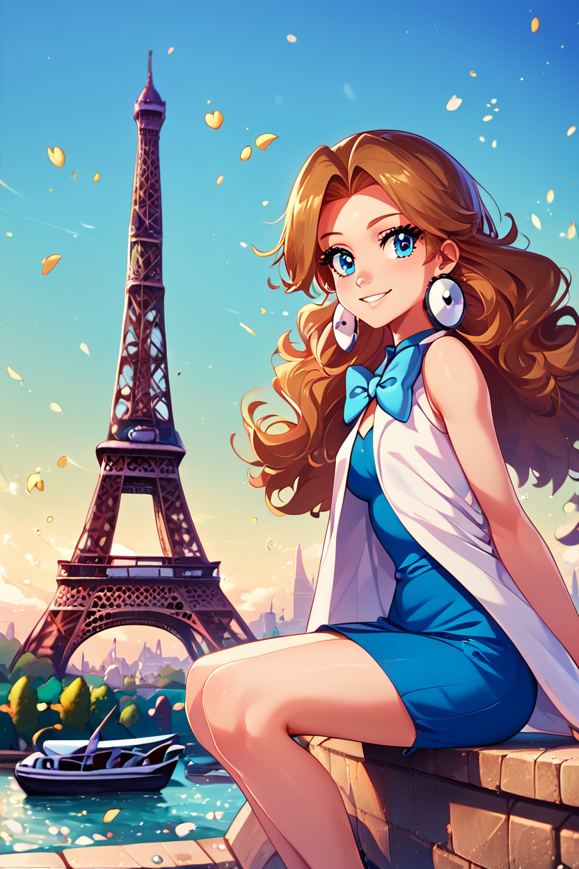 score_9, score_8_up, score_8, medium breasts, (curvy), cute, eyelashes,       BREAK, , <lora:Molly_Pokemon_PDXL:0.8>,  zzMolly,  blue eyes, brown hair, parted bangs, long hair,  jewelry, earrings, bow, bowtie, sleeveless, blue bow, dress, white coat,  , BREAK,  zzEiffelTower in background, sitting, watercraft, boat, sitting on wall, side view, looking at viewer, smile,  BREAK, blooming stars, luminescent petals, otherworldly fragrance blurry background, embedding:zPDXL, Expressiveh, <lora:EiffelTowerPDXL:1.0>,  <lora:CatalystStylePDXL:0.6>,  <lora:SDXLFaeTastic2400:0.5>,  <lora:Expressive_H-000001:0.4>,