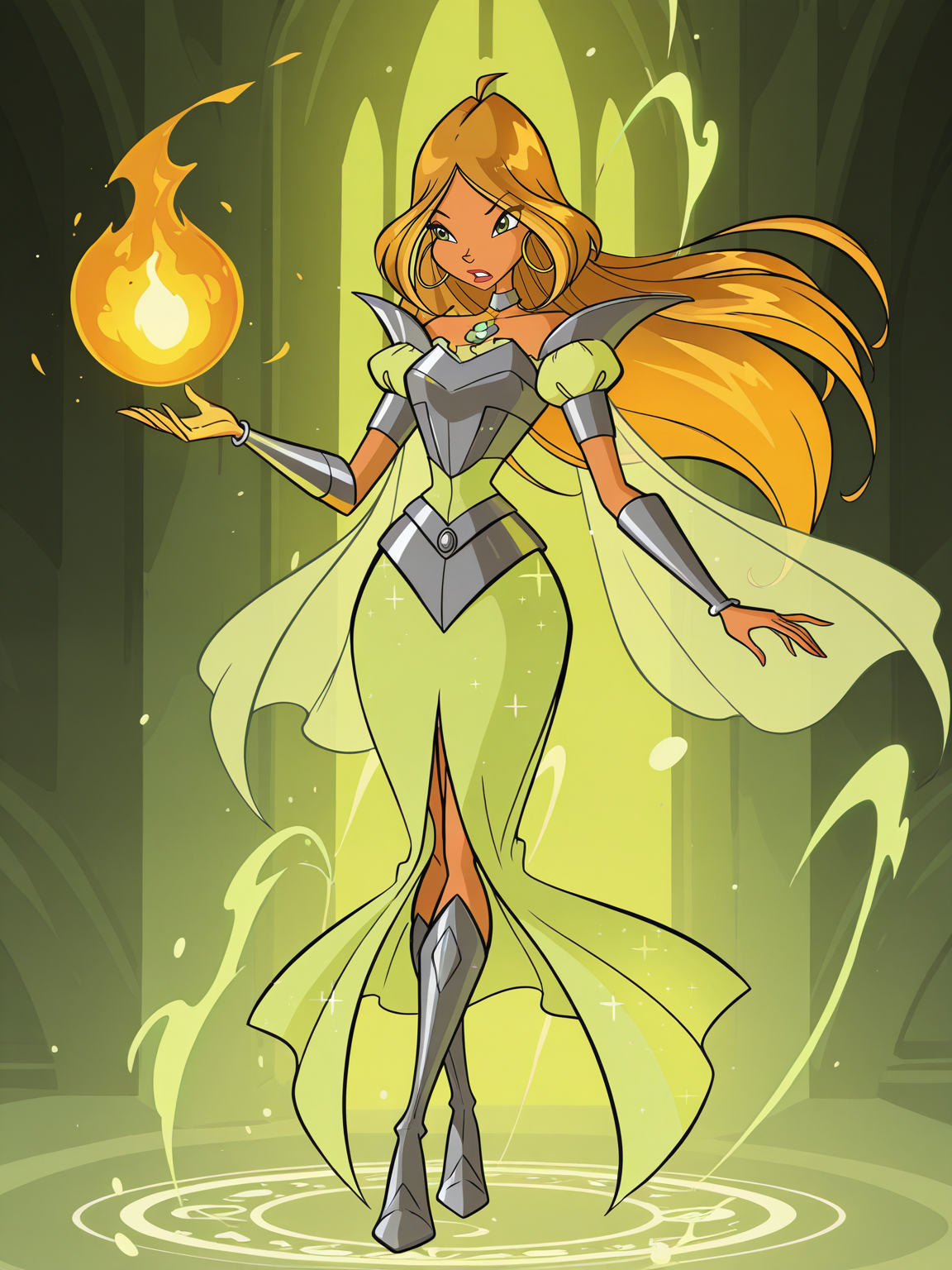 < <lora:winxFloraIL:0.8> winxflora,
magic, magic robe, steel armor,glowing liens, fireball, action, full body, glowing background, magic background