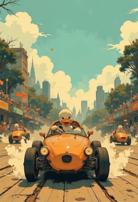A duck driving a tiny sports car made out of a loaf of bread, speeding down a racetrack with other ducks in fruit-shaped vehicles, all cheered on by an audience of cheering animals.
