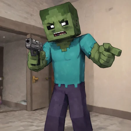 Minecraft zombie pointing a pistol at a door