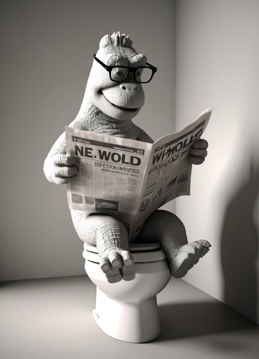 godzilla, reading newspaper on the toilet, 3d, render, white, 3d shadows, abstract, tiny toilet, big newspaper, glasses, close-up,
 <lora:3DPrintingXL:0.8> WhiteMold,