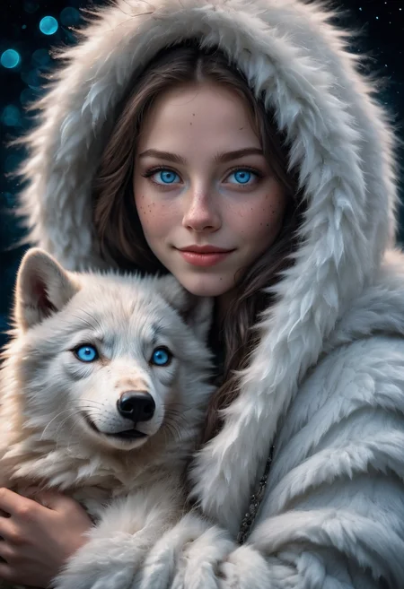 extremely detailed up close photo of a beautiful polar faerie woman, with large beautiful icy blue eyes, wearing a white fur coat, hood, detailed jewelry, shy smile, fireworks dark night background, fantasy, elegant, beautiful dark firework sky background, freckles, holding a wolf pup