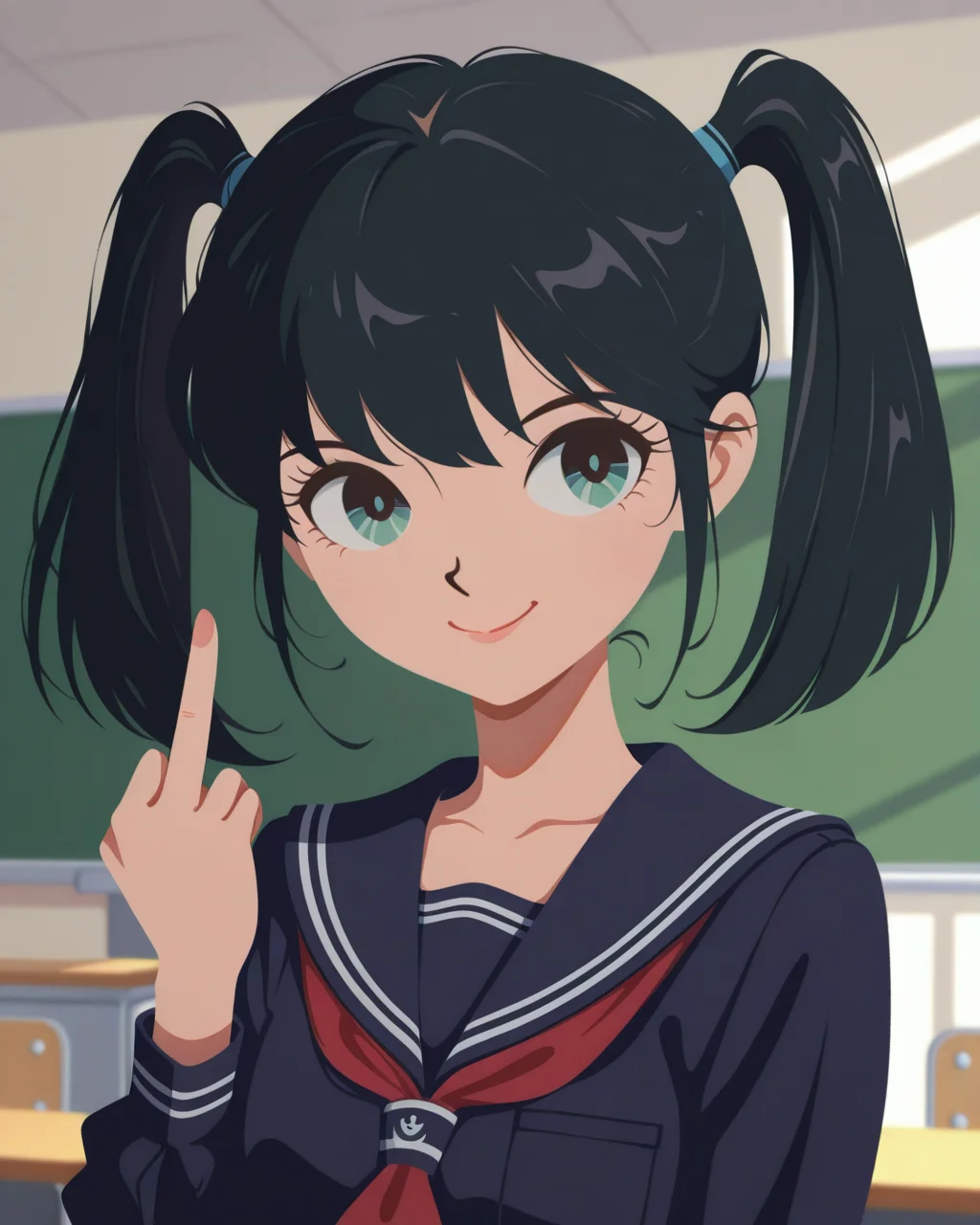 masterpiece,best quality,higres illustration,detailed face,1girl,<lora:minimaltoon_IL:1>,minimalism,smile,upper body,serafuku,twintails,black hair,middle finger,classroom,