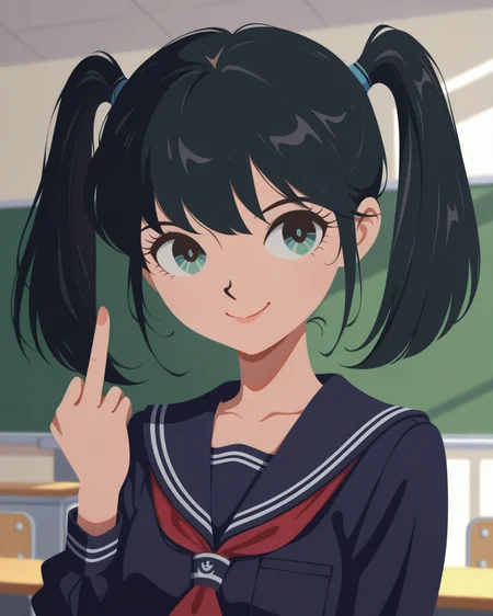 masterpiece,best quality,higres illustration,detailed face,1girl,<lora:minimaltoon_IL:1>,minimalism,smile,upper body,serafuku,twintails,black hair,middle finger,classroom,