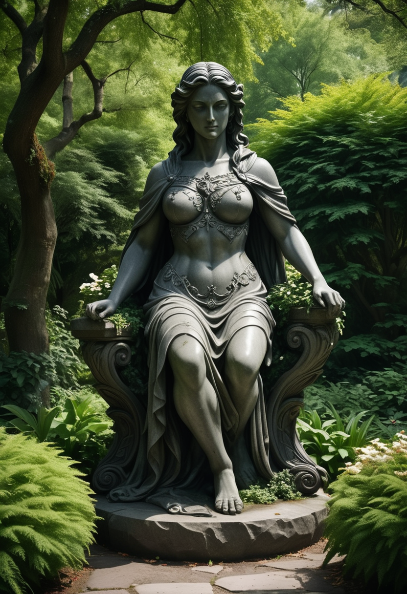 (medium full shot) of (magnificent stone statue) ,  ,  shield, located in  a secluded park, enveloped in dense foliage, featuring winding trails, hidden benches, sparkling streams, vibrant flower beds, ,Masterpiece,best quality, raw photo, realistic, very aesthetic, dark