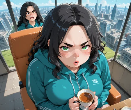 IllusP0s, PonyScores7, source_anime, ah1, IllustriousQual, interesting, exciting, spectacular, wonderful, amazing quality, absolutely eye-catching, very awa,
BREAK <lora:xl_more_art-full_v1:0.2>, <lora:aesthetic_anime_v1s:0.2>, <lora:detailxl:0.2>, detailxl, amazing quality, best aesthetic, absurdres, illustration, Volumetric_Lighting, ultra-detailed, very aesthetic, intricate details, best_quality, lazympos, <lora:Add_Details_v1.2:0.4>, <lora:quality_modifiers_masterpieces_v1:0.2>, anime style, <lora:HDA_Detailer:0.3>, <lora:natsumi_style:0.2>, <lora:by_usakun-pony:0.2>, by usakun, <lora:Akina_Bbw_Style_-_PonyXL:0.2>, AkinBw,
BREAK (((sits back in a high-backed chair, one leg over the other, looking relaxed while sipping from a teacup))), dynamic pose,
BREAK 1girl, mature female, (curvy), round-chin, caucasian, <lora:ETO_OC_Illustrius:0.5>, eto_oc, skindentation, (plump), thick thighs, wide hips, busty, voluptuous, round ass, large breasts, <lora:plussizegirls_IL:0.3>, <lora:plussizegirls_pony:0.3>, <lora:shinyskin2:0.2>, glistening skin, HDA_FatGirlXL, <lora:perfection style:0.2>, perfection style, perfection, 
BREAK ((velour tracksuit in earthy tones with a zip-up hoodie)),
BREAK (curly hair), long hair, (black hair:1.4), (parted hair:1.7), messy hair, kinky curls, detailed hair, <lora:hairdetailpxl:0.2>, hairdetailpxl,
BREAK (half green and brown eyes), (colorful eyes), (multicolored eyes), (downturned eyes:1.4), expressive eyes, perfect eyes, eyes hd, detailed eyes, (round face:1.2), (thick eyebrows:1.3), (plump face), lips, <lora:Round_face:0.2>, iris lines, <lora:Detailed eyes-Illustrious:0.3>, iris and pupil, soft shimmer on the iris,
BREAK (((Annoyed, Scrunched nose raised eyebrows slightly pursed lips conveying irritation impatience or annoyance expression))), Expressive, emotional, looking at viewer, Face Detailed, <lora:Expressive_H:0.2>, Expressiveh, <lora:Emotional_Anime_Expressions_PonyXL_Concept:0.2>, <lora:Best_Facial_Expression_LoRA_PONY:0.2>, looking at viewer, <lora:Detailed expressive EXEV style -XL Pony V1.0:0.2>, FaceDetail, <lora:Best_Facial_Expression_Helper_XTREME_ILLU:0.4>, kaogei,
BREAK (((City Under a Dome))), (((viewer torso-focused moaning))), 4k, 8k, Ultra HD, Masterpiece, Best quality, Detailed background, foreshortening, extreme perspective, full_details, <lora:AddMicroDetails_Illustrious_v4:0.3>, addmicrodetails,