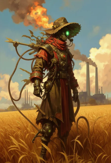 Frank Frazetta fantasy oil painting of a Mecha scarecrow, digital art with strong autumn colors, a scarecrow made of steampunk parts, steam and smoke rises from its body, a serene wheat field, large industrial factories in the background with large smokestacks and lots of smoke, w4rh4mm3r style oil painting, grimdark