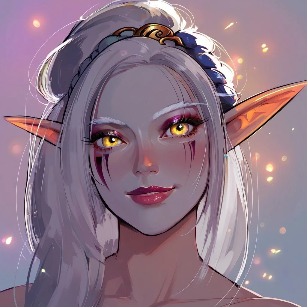 score_9, score_8_up, score_7_up, BREAK, 1woman portrait, beautiful, dramatic lights ((Elf, Sorcerres, white skin, white hair, yellow eyes, (asian:1;3), (asian woman;1;3), oiran, mature, mature woman, friendly smile, royal, regal, noble, eyeshadow, mascara))