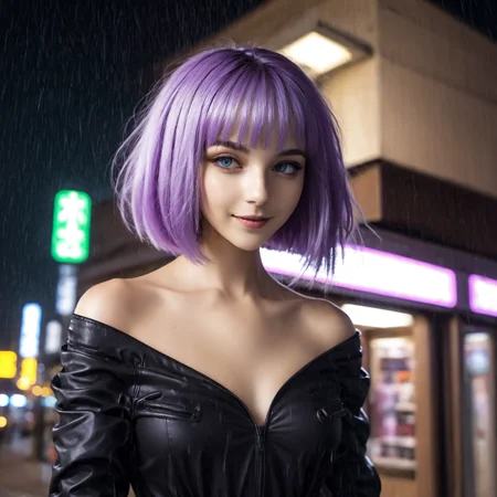 20 year old woman, (relaxing, gazing:2.0), winking, tall, (thin waist:1.4), dyed violet hair, short bob haircut, bare shoulders, off shoulder, at night, science fiction, cyberpunk, (outside a store front, neon lights:1.5), glowing runes, wearing a uniform windy, windblown hair, (raining, steam:2.0), asian, (by Harumi Hironaka:0.5) <lora:Emotion Puppeteer XL_epoch_17:0.8>