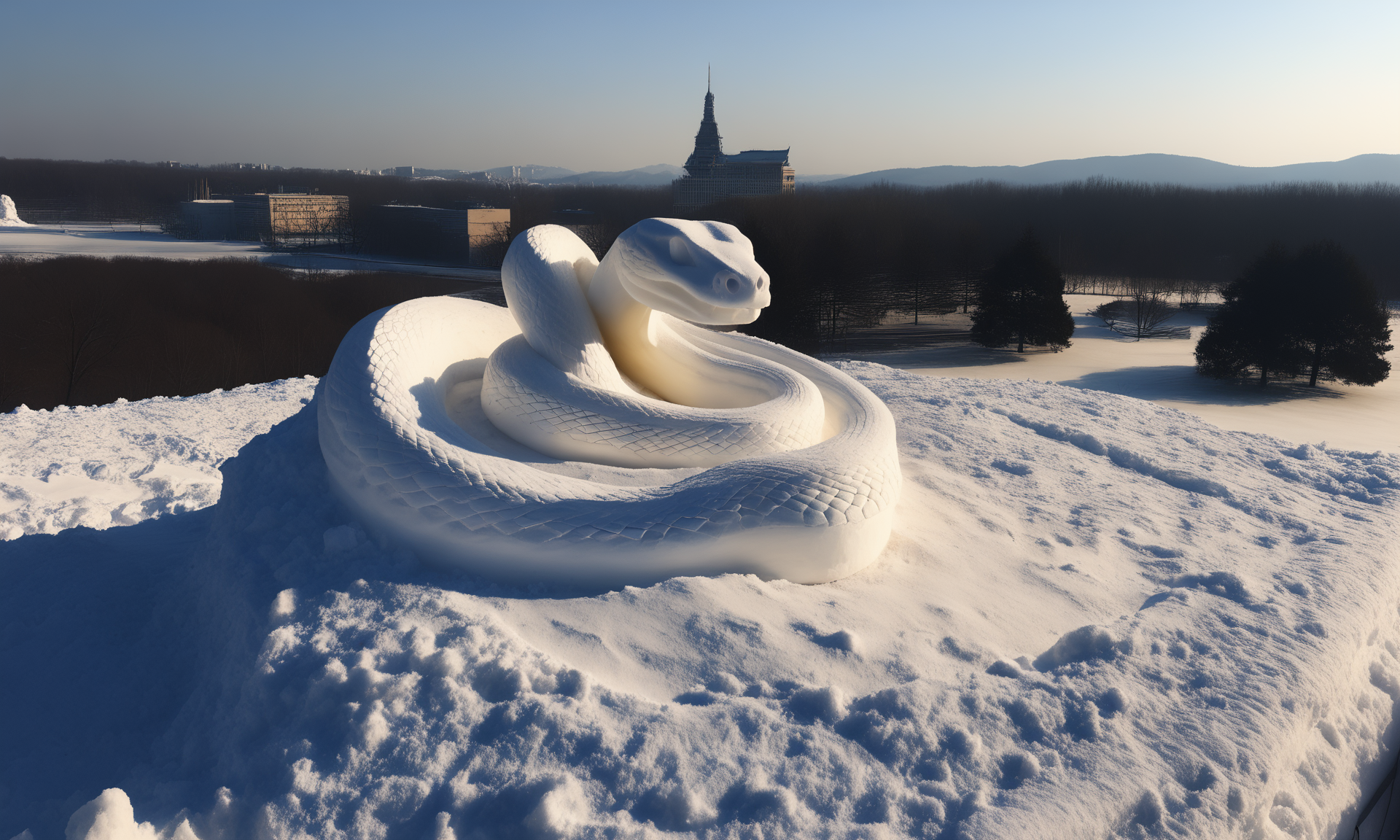 <lora:snowsculpturecd_xl-000006:0.8>,a snow sculpture of a snake made of snowsculpturecd_xl sitting on snowfield,snowsculpturecd_xl body,snowsculpturecd_xl face,winter,midday,solo,outdoors,in park,blue sky,there were a lot of people watching in the distance,chinese zodiac,cute and lovely,still life,from front,looking at viewer,close-up,full body,no humans,fine art,detailed,hi-res photo, emotional,harmonious,high budget,moody,epic,gorgeous,perfect lighting,realistic,photorealistic,photographic,photo (medium),real,moody lighting,volumetric lighting,reality ray tracing,8K,HDR,UHD,masterpiece,best quality,highly detailed,high resolution,finely detail,extremely detailed,ultra detailed,wallpaper