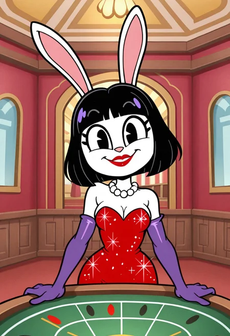 score_9, score_8, score_7,masterpiece, best quality, absurdres, very aesthetic, (cute, anthro, female, bunny , thin body, detailed face, beautiful detailed eyes, black eyes, small round breasts, white fur, round head,bunny ears, black hair, bob cut),(indoors, in a casino, pearl necklace, closeup, smile, red lipstick, (long red dress, glitter, purple elbow gloves, Jessica Rabbit cosplay)), (Rubberhose, toon \(style\) , Rubberhose style illustration), ((solo)), (looking at viewer)