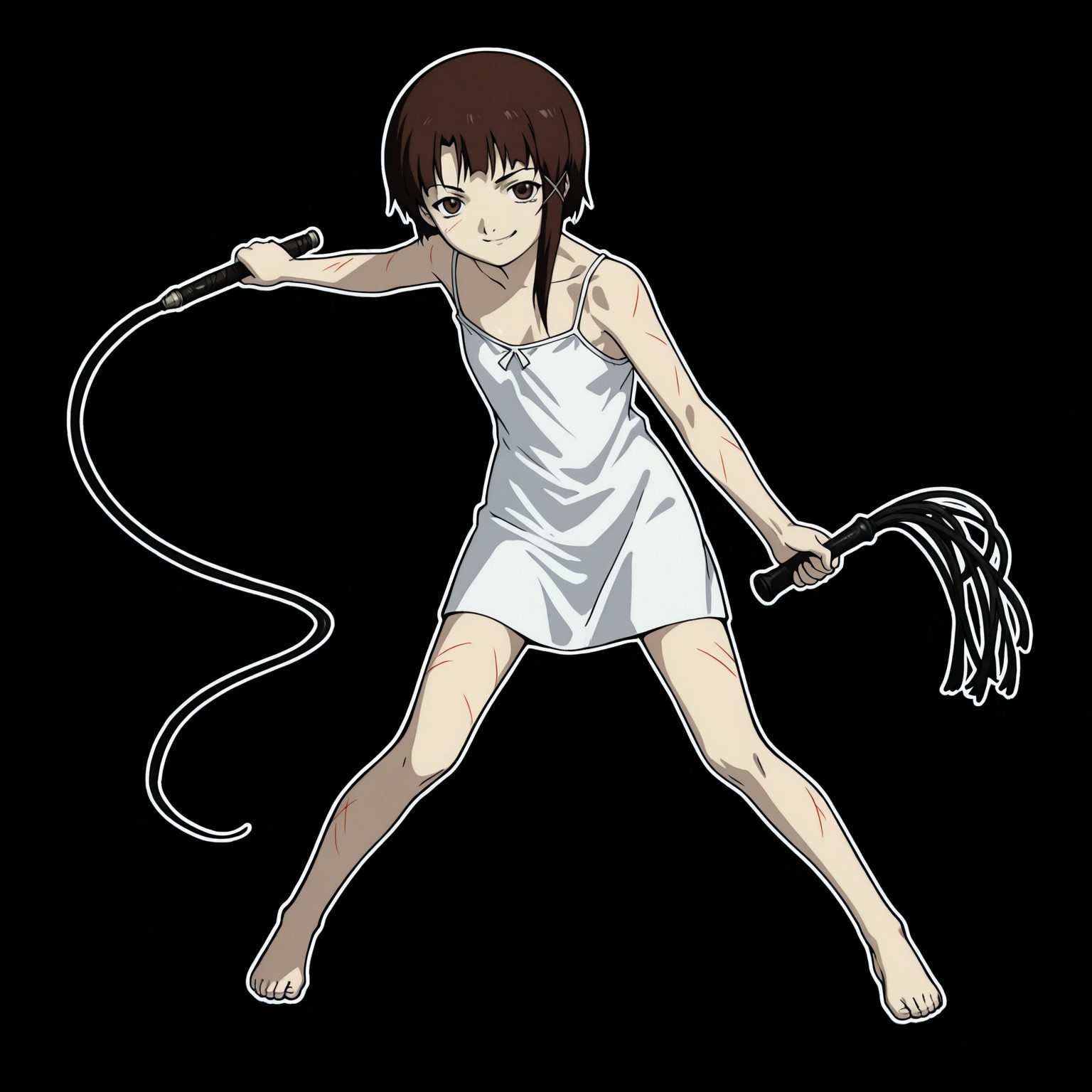 solo,1girl,Iwakura Lain,brown hair,brown eyes,whip, holding whip,loosing_whip,smile, closed mouth,black background,white outline,white camisole,full body,detailed eyes,naughty face,moving toward viewscusa,scratches,stance ,smug,open eyes,sadistic,looking at viewer ,grin,evil