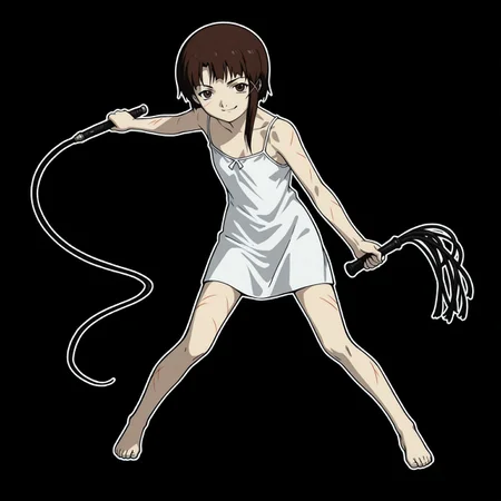 solo,1girl,Iwakura Lain,brown hair,brown eyes,whip, holding whip,loosing_whip,smile, closed mouth,black background,white outline,white camisole,full body,detailed eyes,naughty face,moving toward viewscusa,scratches,stance ,smug,open eyes,sadistic,looking at viewer ,grin,evil