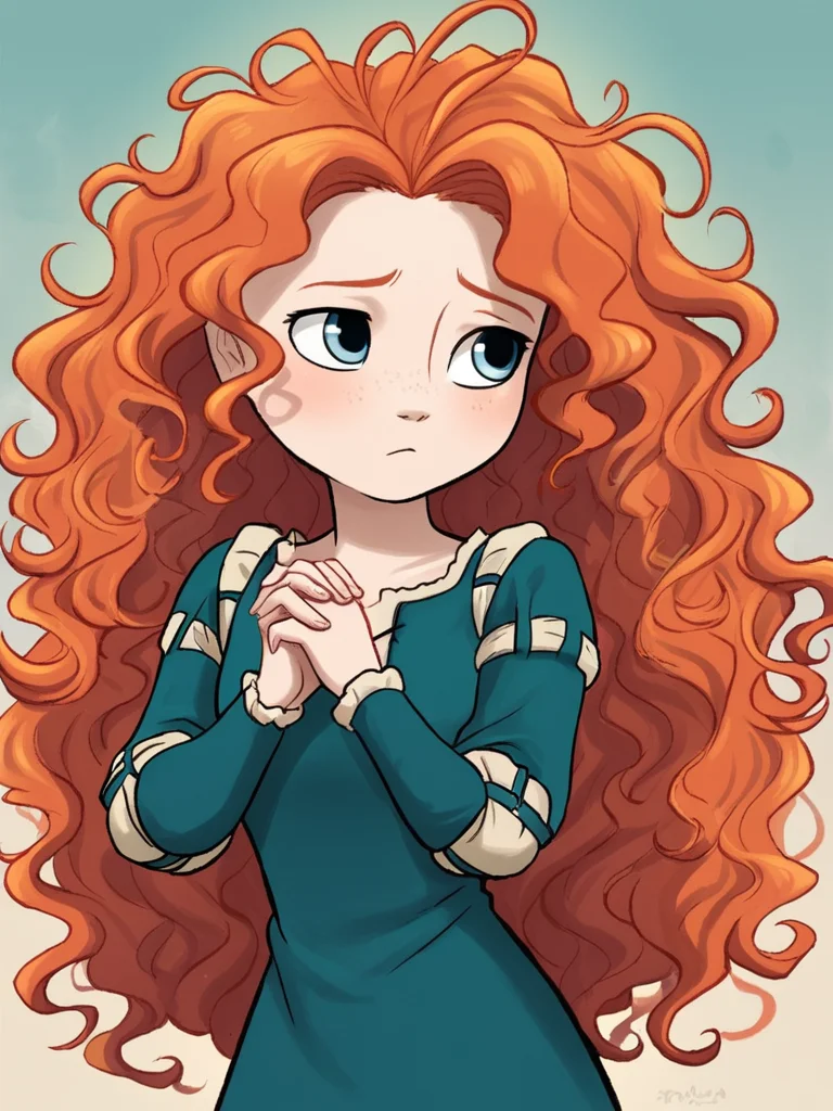 score_9, score_8_up, score_7_up, merida, long hair, blue eyes, orange hair, own hands together, freckles, curly hair, <lora:princesscomic_pony_v1:0.95>