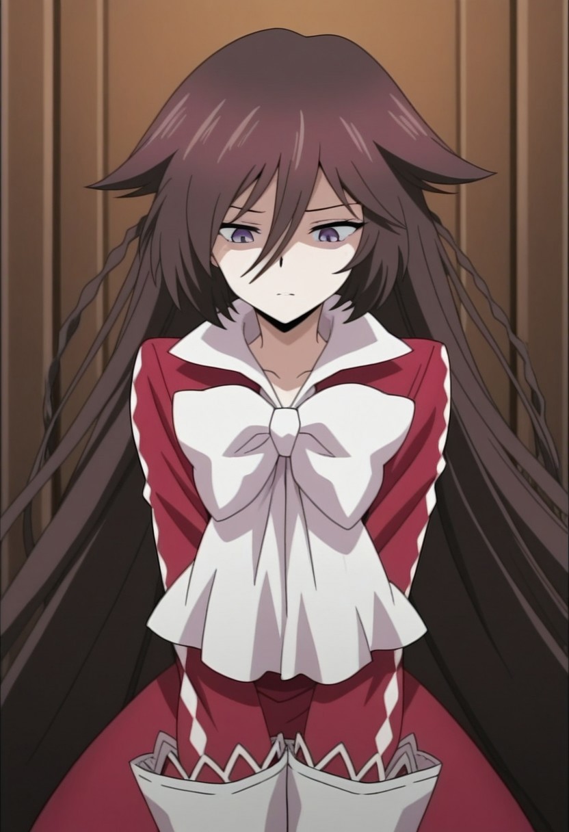 masterpiece,best quality,amazing quality, source_anime, 
PHalic, 1girl, solo, purple eyes, brown hair, very long hair, braid, dress, red dress, bow, white bow,