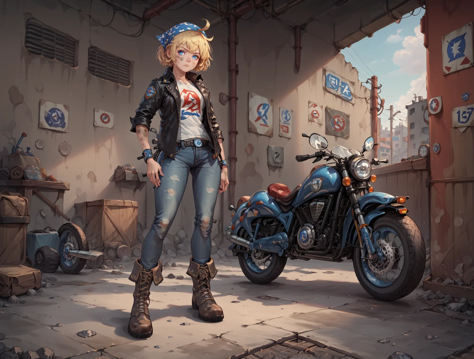 <lora:M1911_Girls_Frontline (PONY):1> m1911, blue_eyes, blonde_hair, short_hair, bangs, ahoge, solo, leather jacket, gray t-shirt, jeans, boots, biker bar setting, dirty walls, wooden walls, concrete floor, bandana around head, bar in background, standing, score_9, score_8_up, score_7_up, masterpiece, high quality, 8K, <lora:detailed_notrigger:1>