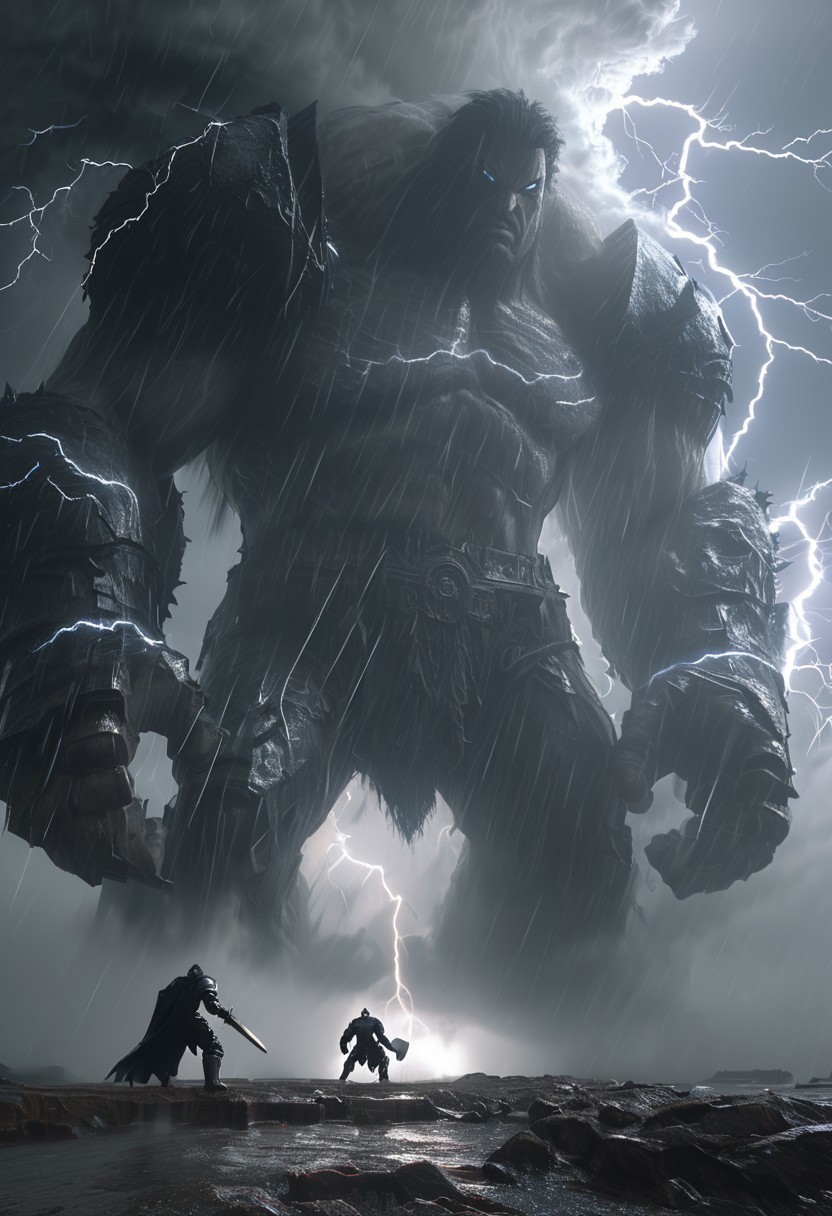 A cinematic shot of a thunderstorm with the Colossus of Stormcliff looming over the hero. The ground trembles with each step of the titan, who wields a massive hammer. Lightning courses through the giant's veins and illuminates the hero, a quick rogue, as he dodges through the torrential rain and lightning. The storm and the titan's fury fuse together as the final blow looms, Bosstyle<lora:CyberRealistic_Negative-neg:1>  <lora:detailed_notrigger:1>  <lora:XL_boss_battle:1>