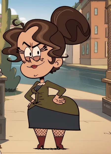 <lora:MoragPony1.0:1> morag, 1girl, brown hair, solo, lipstick, green shirt, hair bun, skirt, smile, red boots,fishnets ,outdoors,, looking at viewer, hand on own hip, cowboy shot,, score_9, score_8_up, score_7_up, score_6_up, score_5_up, score_4_up