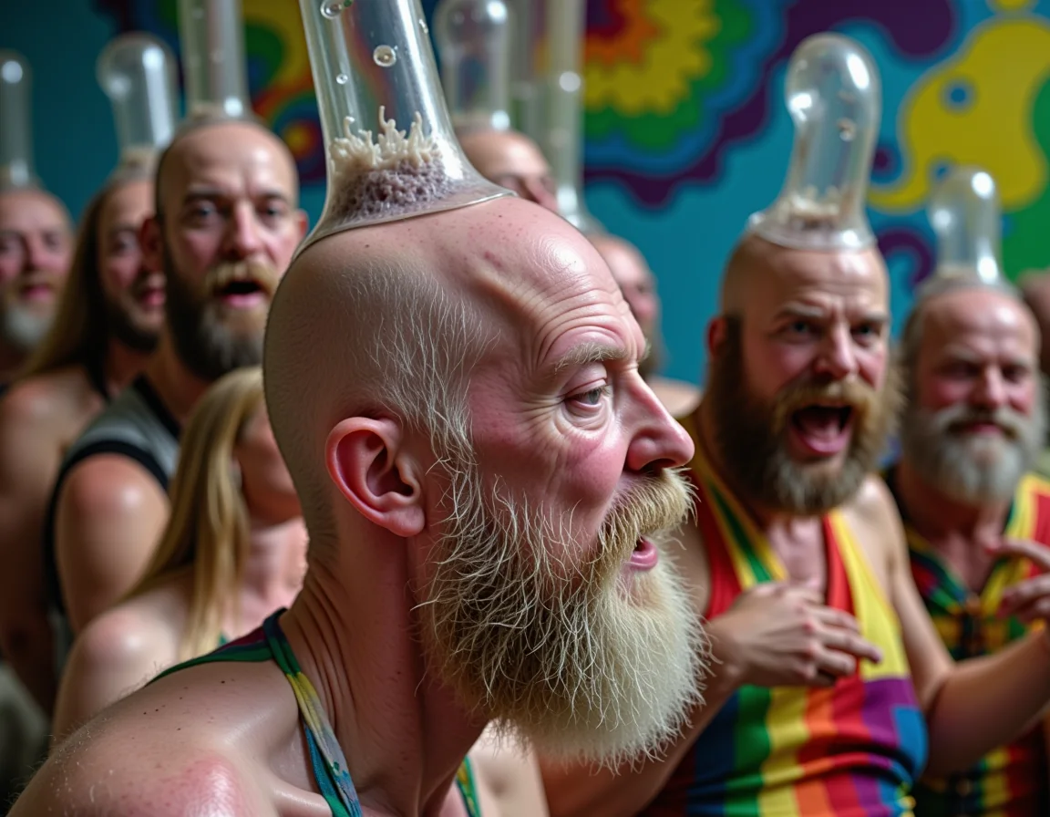 A bunch of old hippies have glass bongs for heads.