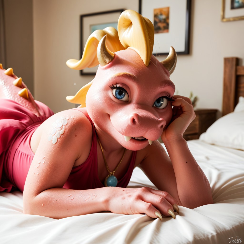 score_9, score_8_up, score_7_up, score_6_up, score_5_up, score_4_up, masterpiece, high quality, realistic, detailed, best quality, white bed, solo, rating_safe, source_furry, bedroom, smiling, seductive, looking at viewer, on bed, lying on bed, close up, Cassie_dt, pink scales, yellow wings, blonde hair, small horns, tail, claws, female, 1girl, blue eyes, anthro, necklace, (pink dress)