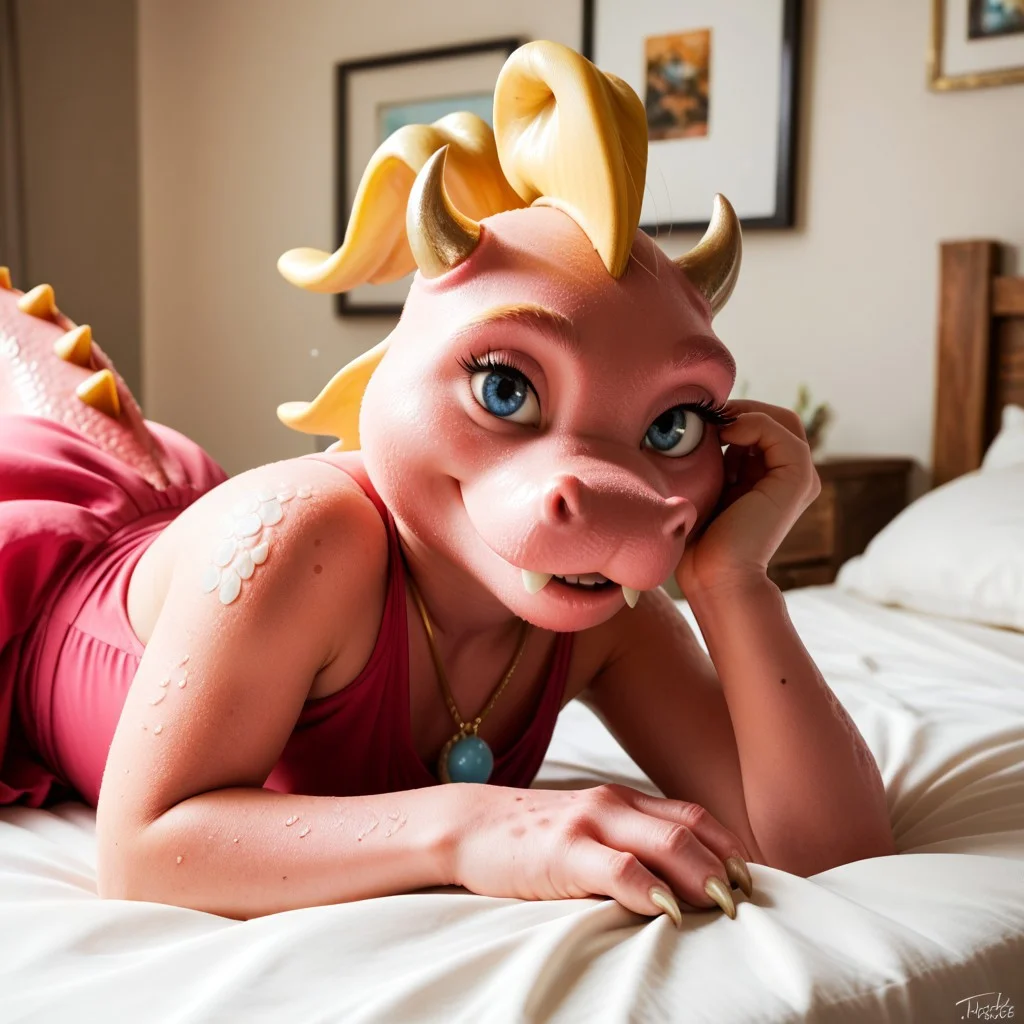 score_9, score_8_up, score_7_up, score_6_up, score_5_up, score_4_up, masterpiece, high quality, realistic, detailed, best quality, white bed, solo, rating_safe, source_furry, bedroom, smiling, seductive, looking at viewer, on bed, lying on bed, close up, Cassie_dt, pink scales, yellow wings, blonde hair, small horns, tail, claws, female, 1girl, blue eyes, anthro, necklace, (pink dress)