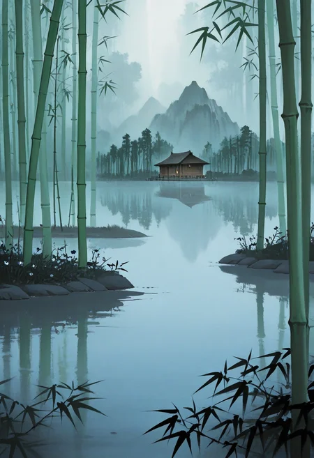 no humans, flower, lake, cabin, sunlight, tree, bamboo forest, smoke, fog, mountainous horizon,
BREAK
<lora:Ink_wash_painting_style_from_Doubao_AI_v1:1> dbiwpstyle, minimalism,
BREAK
best quality, masterpiece, very aesthetic, absurdres, highest detailed, very awa, simple background,