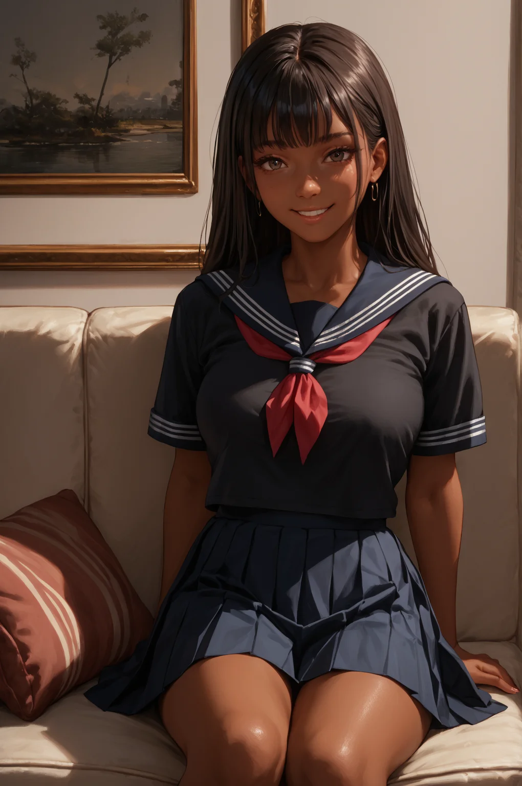 score_9, score_8_up, score_7_up, score_6_up, score_5_up, score_4_up, (high quality, detailed, beautiful) dark_skin, large_breasts, smile, sitting,  couch <lora:BlackSera16_epoch_5:0.99> black_serafuku, skirt, shirt,
