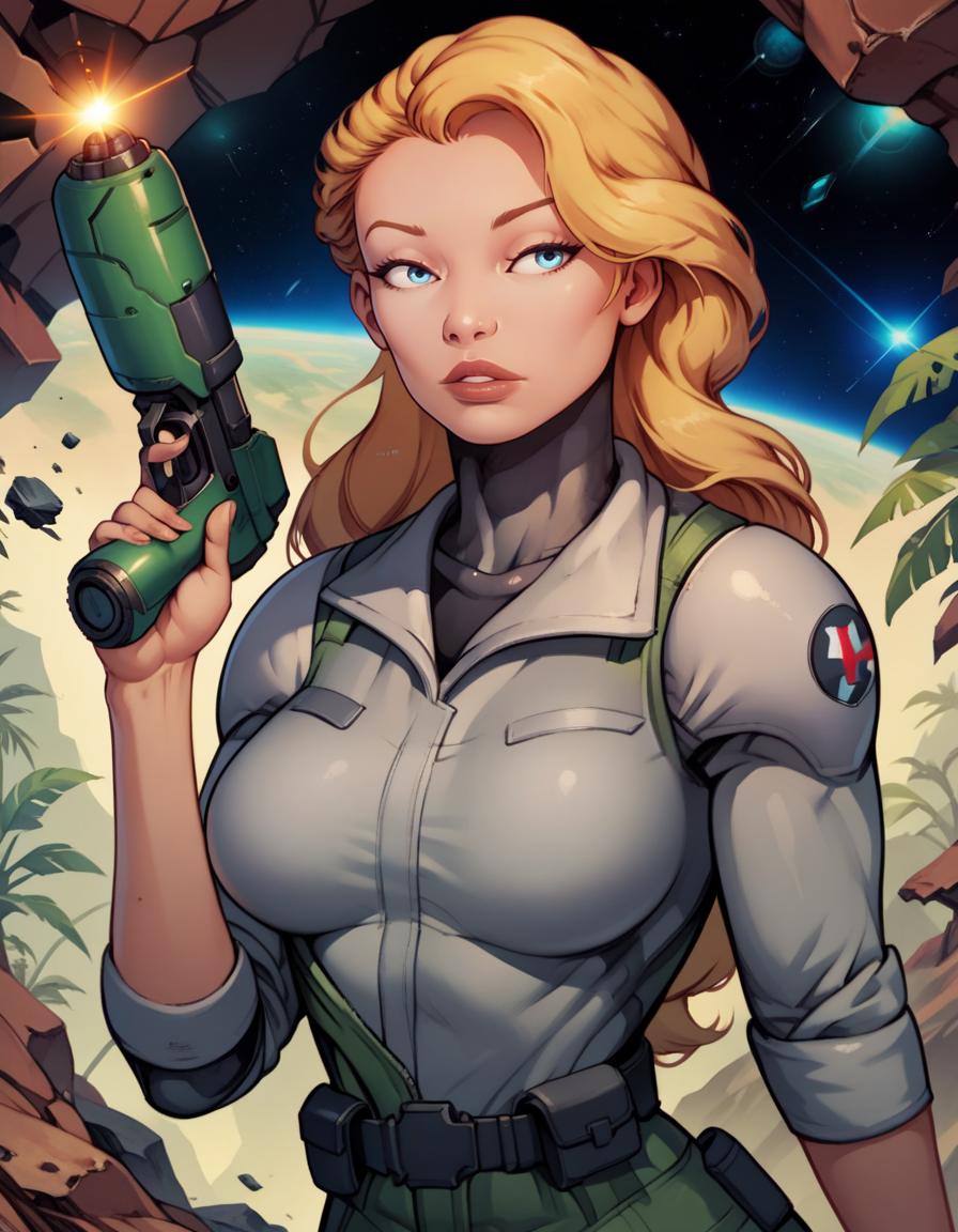 score_9, score_8_up, score_7_up,score_6_up, score_5_up, score_4_up ,
1girl, solo,
large breasts,
beatricewdg,
long hair, blonde hair, blue eyes,
parted lips,
holding energy gun,  
jungle,  science fiction,   debris, space, 
 <lora:BWankmeister PXL v01-000002:1>