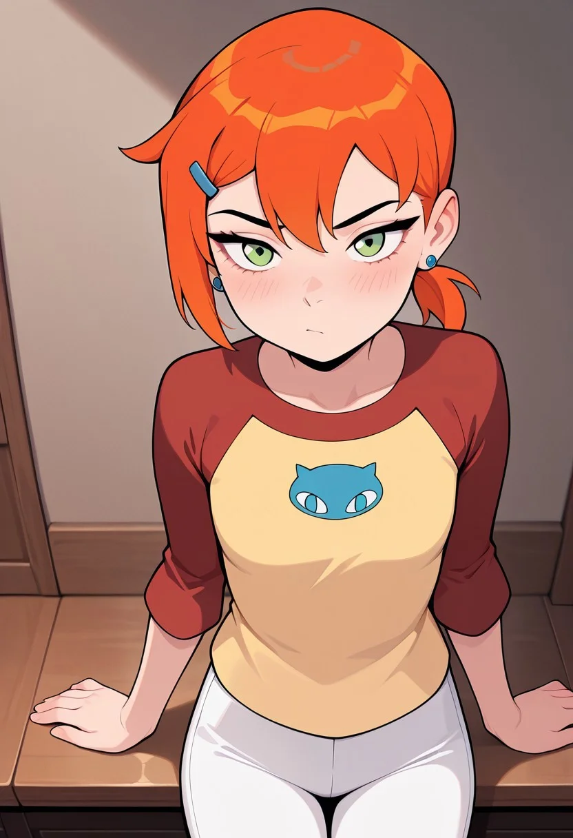 ((screencap, cartoon)) , masterpiece, best quality, amazing quality, very aesthetic, absurdres, newest,
gwenos,, hairclip, orange hair, 1girl, , earrings, ((solo)),, eye liner, green eyes
, white pants, raglan sleeves,
yellow shirt, red sleeves, ponytail,