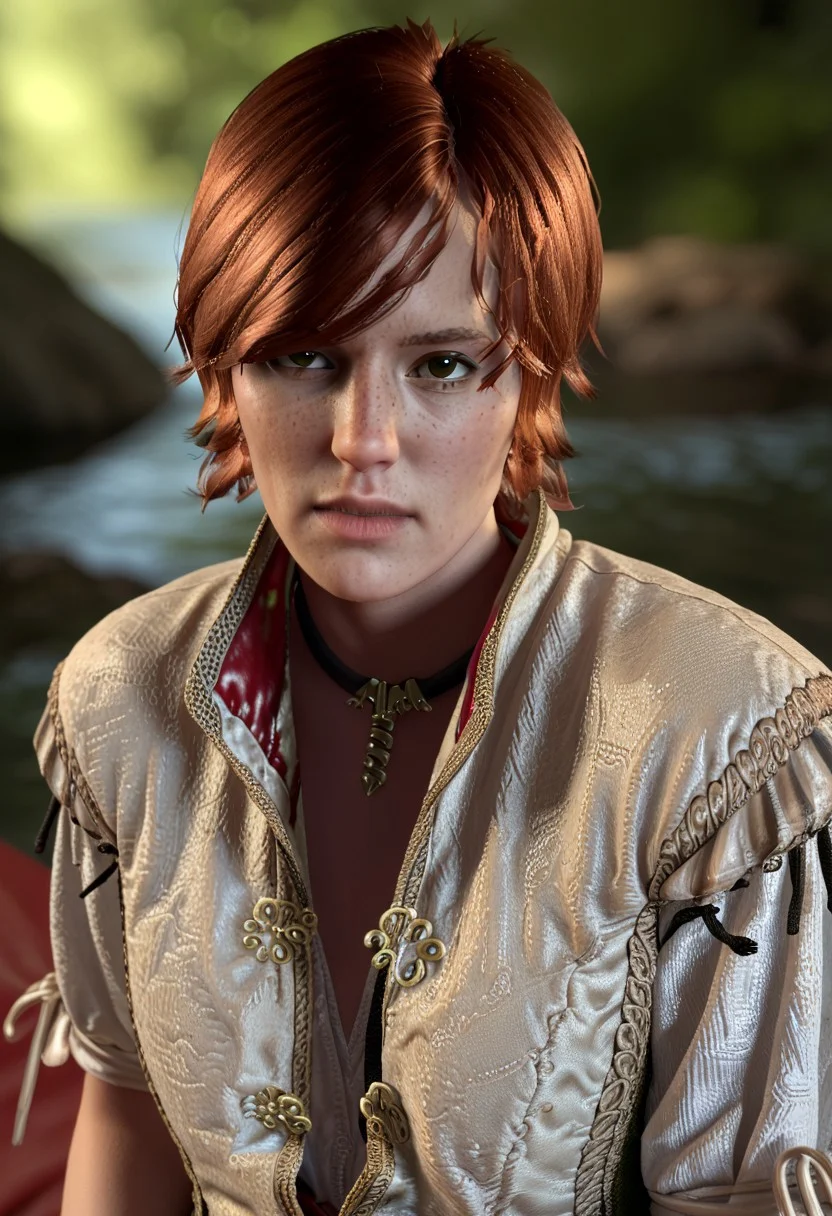 score_9, score_8_up, score_7_up Shani Witcher 3 freckles up close organizing a medical supply's in a Witcher village,
