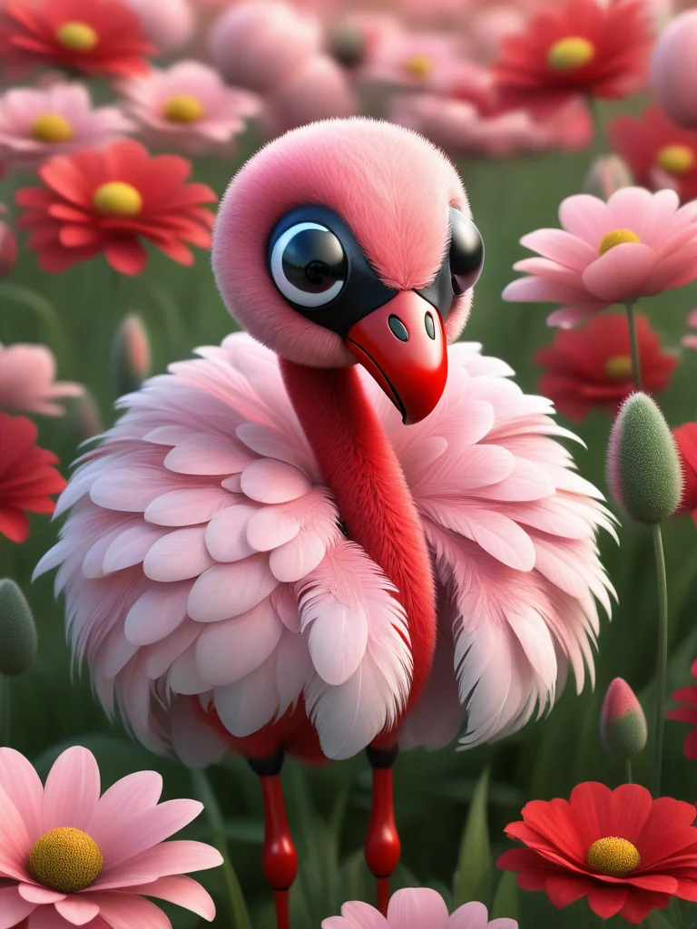 <lora:08SurealismArt_Hap_XL:1>, frida kahlo style, An adorable ladybug flamingo hybrid creature with flower petal-like feathers in a field of pink and red flowers, hyperrealistic,
