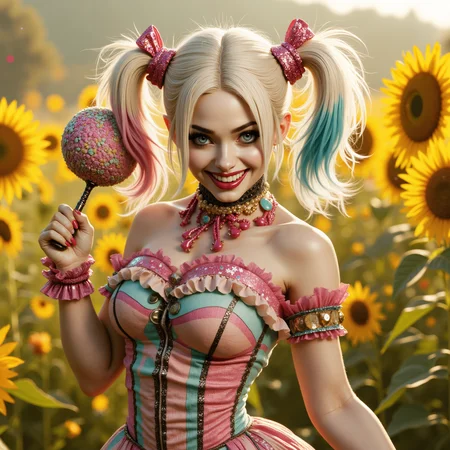 In a sunflower-speckled meadow just outside Gothams shadows, Harley Quinn, with her oversized mallet adorned with pink bows and her pigtails tied up with shimmering ribbons, giggled and pirouetted like a mischievous pixie, her wide, doe-like eyes sparkling with impish delight as she scattered handfuls of candy-colored confetti into the breeze.