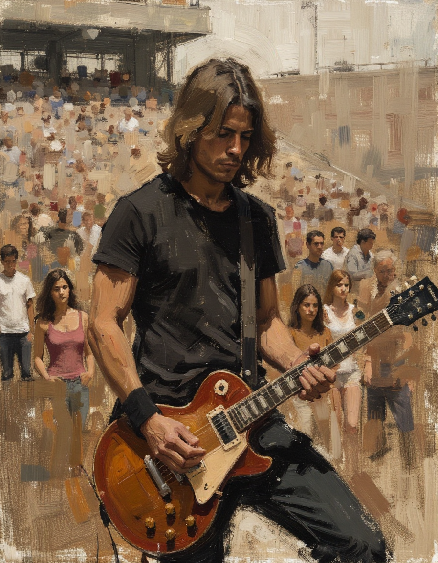 sketch painting of a rock-and-roll guitarist in front of a stadium crowd