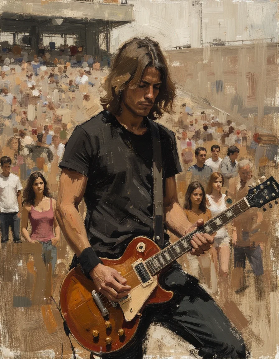 sketch painting of a rock-and-roll guitarist in front of a stadium crowd