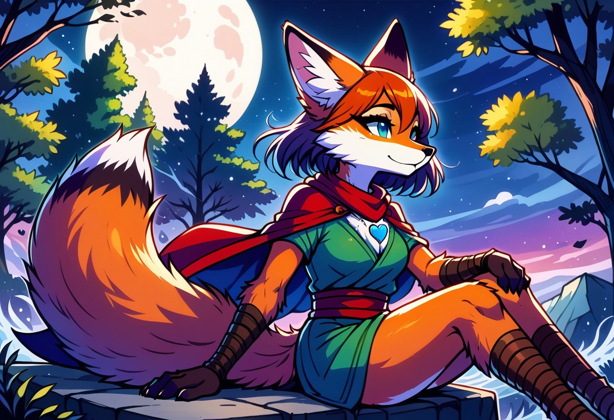 sfxm, anthro, female furry, fox, fox tail, fox ears, body fur, fluffy, paws, moon, trees, sitting, tunic, cape, scarf, heart-shaped pendant, leg wrap, bandages